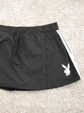 Original Playboy Black Mini Skort XL Stripes Logo Y2K Drawstring Skirt